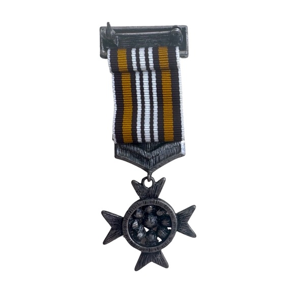 Vintage | Maltese Cross Medal Brooch | Orange Rhinestones | Stripes |Pin Closure - Picture 2 of 2